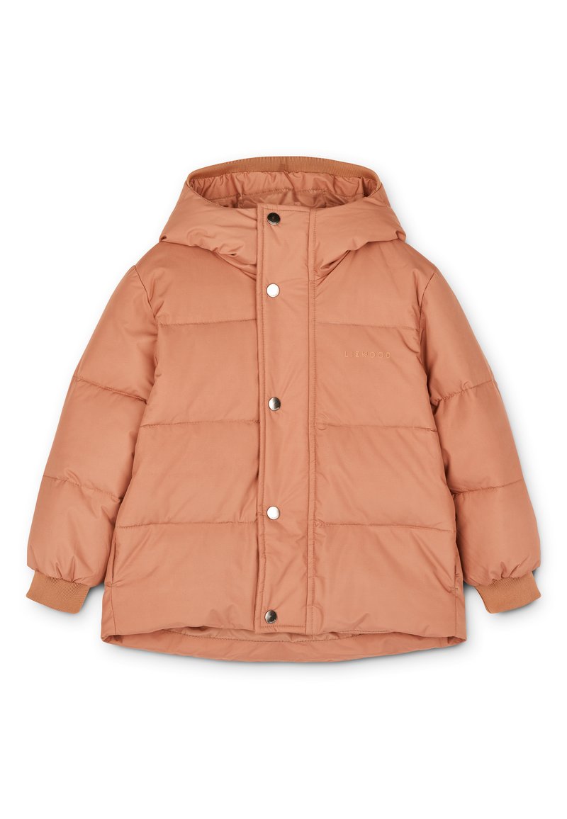 Padded jacket in light peach color, featuring a hood, silver snap buttons, and ribbed cuffs. Smooth fabric with quilted pattern.