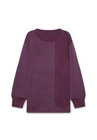 Maglione viola a maniche lunghe con polsini e colletto a coste, caratterizzato da un pannello di lavorazione a treccia testurizzato sul lato destro della parte anteriore.