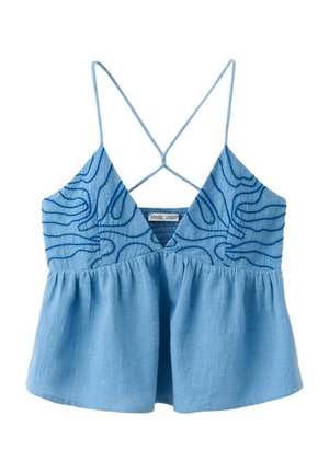 Haut bleu sans manches avec fines bretelles croisées, col en V, motif de lignes abstraites sur la partie supérieure et tissu ample froncé sous la poitrine.