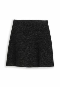 Fekete, textúrált mini szoknya szövött mintával, lágyan bővülő szabással és sima felülettel, alkalmas mindennapi és ünnepi viseletre.