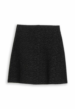 Schwarzer Minirock mit strukturiertem Gewebe und gewobenem Muster, in ausgestellter Form und mit glatter Oberfläche, geeignet für legere oder elegante Anlässe.