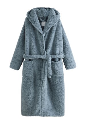 Langer blau-grauer Plüschbademantel mit Kapuze, Vordertaschen und einem Bindegürtel in der Taille, aus weichem, strukturiertem Fleece-Stoff.