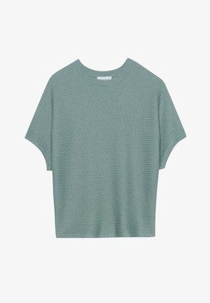Kurzarmpullover aus geripptem Strick in gedämpftem Grün. Hat einen runden Halsausschnitt und eine lockere Passform. Geschmeidige Textur mit gleichmäßigem Oberflächenmuster.