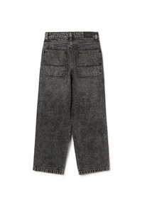 Jeans de mezclilla negros de pierna ancha con dos bolsillos traseros, textura desvaída y costuras en contraste. Presentan una cintura alta y un acabado sin dobladillo.