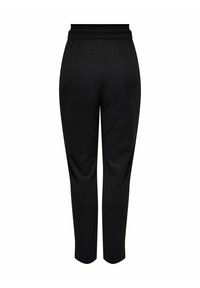 Černé tapered kalhoty s vysokým pasem, zobrazené zezadu, s hladkým, přiléhavým siluetou a mírným skladem na nohách.