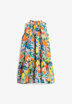 Robe sans manches avec encolure volantée, coupe ample et motif floral et fruité coloré dans des tons orange, jaune, vert, bleu et rose.