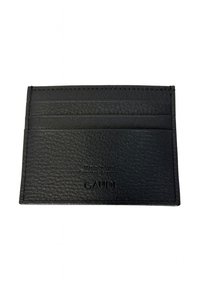 Portafoglio in pelle nera con finitura texturizzata, sei scomparti per carte e marchio in rilievo. Design compatto e rettangolare.