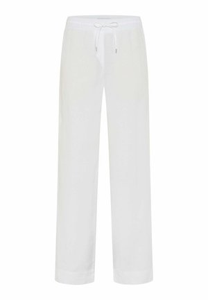 Locker sitzende weiße Hose mit elastischem Bund und Kordelzug, gerade geschnittenes Bein, gezeigt vor weißem Hintergrund.