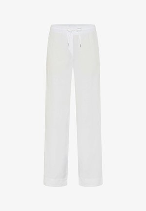 Locker sitzende weiße Hose mit elastischem Bund und Kordelzug, gerade geschnittenes Bein, gezeigt vor weißem Hintergrund.