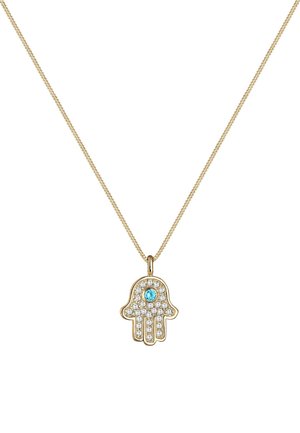 Goldene Anhängerkette mit einem handförmigen Design, das mit klaren Kristallen und einem blauen Edelstein in der Mitte verziert ist. Zarte Kette ist im Lieferumfang enthalten.