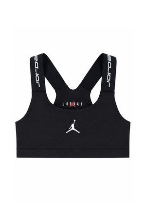 Schwarzer Sport-BH mit breiten Schulterträgern, mit dem Text "JORDAN" und einem weißen Jumpman-Logo vorne mittig.