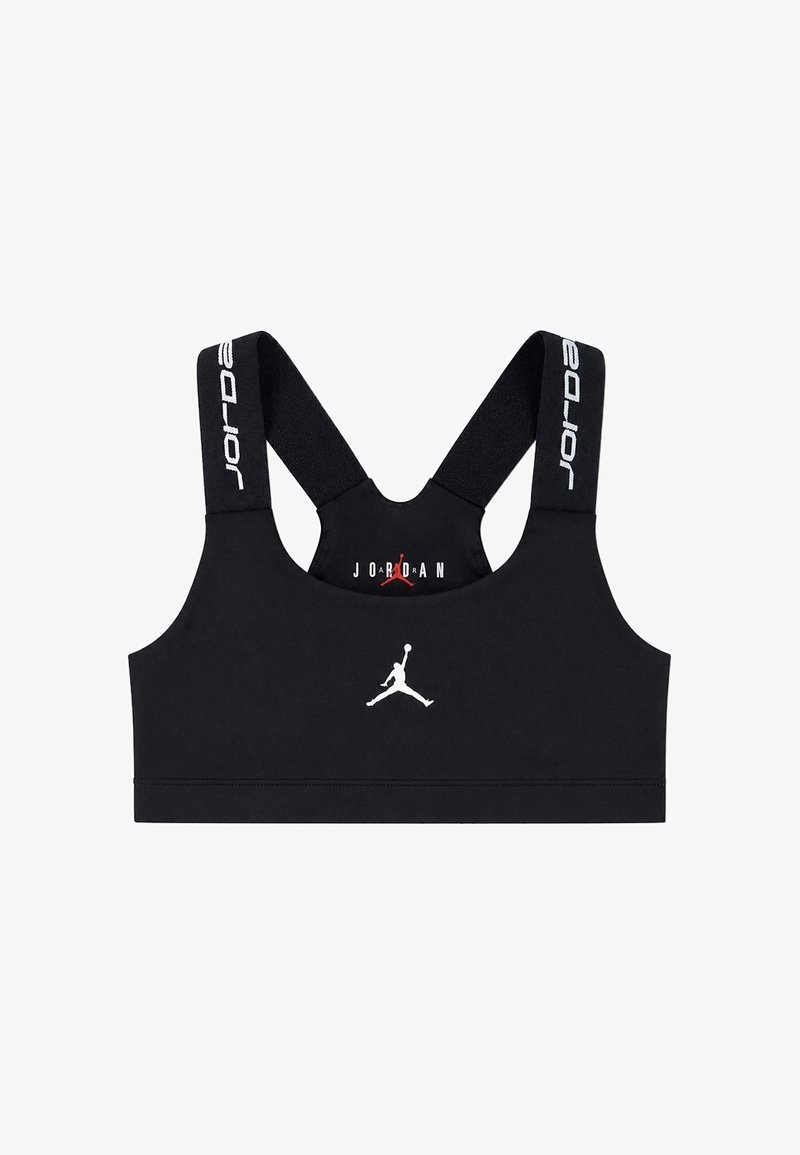Brassière de sport noire avec larges bretelles, texte "JORDAN" et logo Jumpman blanc au centre devant.