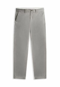 Pantalons gris clair en tissu structuré, avec une braguette zippée, des passants de ceinture et des poches avant, présentant des lignes épurées et une coupe ajustée.