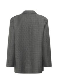 Grau karierter Blazer mit strukturierten Schultern, langen Ärmeln, Reverskragen und lässiger Passform. Verfügt über eine dezente karierte Textur.