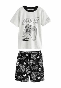 Gray cotton t-shirt with black ribbed collar featuring an Xbox controller graphic; black shorts with white controller and "LEVEL UP" text pattern.