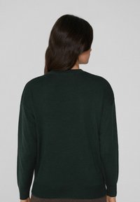 Dunkelgrüner Strickpullover mit entspannter Passform, langen Ärmeln und rundem Halsausschnitt. Weiche Textur und gerippter Saum an der Taille und den Bündchen.