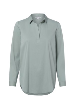 Hellgrünes, langärmeliges Hemd mit Kragen und Knopfleiste. Glatter Stoff mit leicht glänzendem Finish. Abgerundeter Saum und Seitenschlitze.