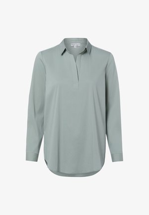 Jasnozielona koszula z długim rękawem, kołnierzykiem i plisą. Gładka tkanina o lekko błyszczącym wykończeniu. Okrągły dół i rozcięcia po bokach.