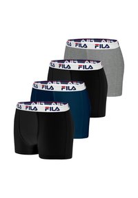 Ensemble de quatre boxers pour hommes en noir, bleu foncé, gris et noir, avec une ceinture élastique ornée d'un logo FILA rouge et bleu.