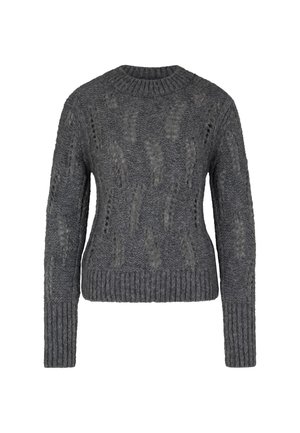 Pull en tricot gris avec un motif de câble texturé, des poignets et un ourlet côtelés, un col rond et une coupe décontractée.
