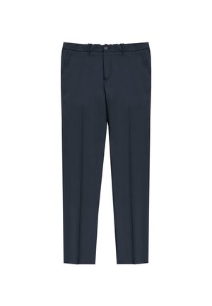 Marineblaue Hosen aus glattem Stoff mit geradem Bein, vorderen Taschen und einem einzigen Knopfverschluss an der Taille.