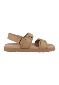 Tan-väriset nahka sandaalit, joissa on kaksi leveää remmiä ja justerbara spännen, med en strukturerad gummisula och en minimalistisk design.