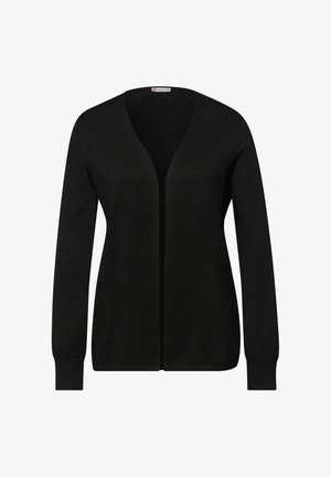 Schwarzer, offen zu tragender Cardigan mit langen Ärmeln und gerippten Bündchen, hergestellt aus Strickstoff.