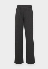 Pantalones de pierna ancha de color gris oscuro hechos de tela suave con cintura elástica y dos pliegues en la parte frontal para un ajuste relajado.