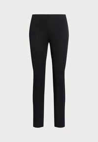 Black leggings made from stretchy fabric. Fitted design with a smooth texture. Features a high waistband for comfort. No visible patterns or accents.