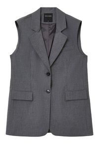 Graue ärmellose Blazer mit Reverskragen, Ein-Knopf-Verschluss und zwei vorderen Taschen. Strukturierter Stoff mit glattem Innenfutter.