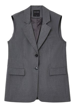 Blazer sans maniche grigio con collo a revers, chiusura con un bottone e due tasche frontali. Tessuto texturizzato con foderatura interna liscia.