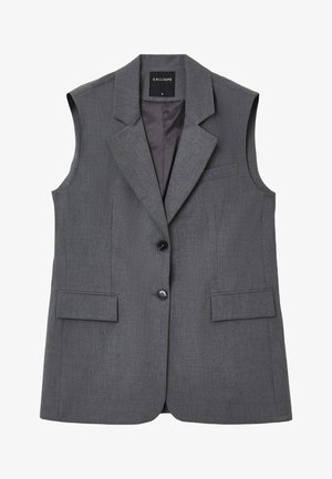 Graue ärmellose Blazer mit Reverskragen, Ein-Knopf-Verschluss und zwei vorderen Taschen. Strukturierter Stoff mit glattem Innenfutter.