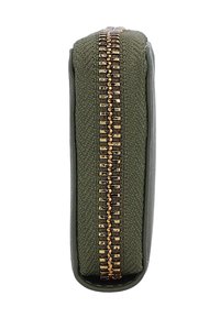 Closed olive green fabric pouch with a central bronze metal zipper, viewed from the side against a white background.