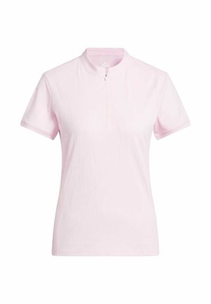 Pink short-sleeve shirt with a quarter-zip collar. Made from lightweight fabric with a subtle texture and a relaxed fit.