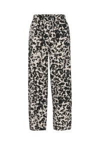 Pantaloni evazați cu un model alb-negru, cu un waistband elastic și o croială lejeră, având un design cu stropi pe material.