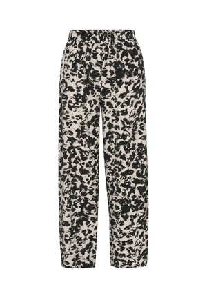 Pantaloni a gamba larga neri e crema con motivo a righe, dotati di una cintura elastica e una vestibilità rilassata, caratterizzati da un design a macchie su tutta la superficie.