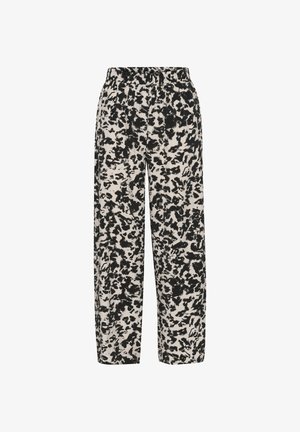 Zwarte en crème-gepatoneerde wijde broek met een elastische tailleband en een relaxte pasvorm, met een spetterontwerp over de stof.