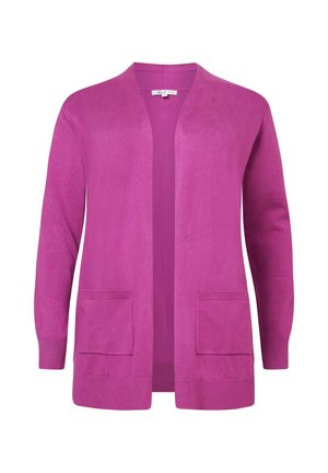 Roze gebreid vest met open voorkant, lange mouwen en twee voorzakken. Gladde textuur, casual ontwerp en middellange snit.