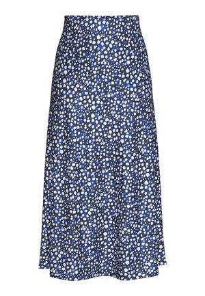 Kék virágos szoknya, amelyet számtalan fehér és kék pötty díszít egy sötétkék háttéren. A szoknya élénk szabású, sima textúrájú anyagból készült.