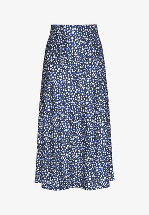 Kék virágos szoknya, amelyet számtalan fehér és kék pötty díszít egy sötétkék háttéren. A szoknya élénk szabású, sima textúrájú anyagból készült.