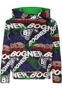 Sudadera con capucha de forro polar con un estampado multicolor que presenta la palabra "BOGNER" en blanco, rojo, verde y azul sobre un fondo oscuro.