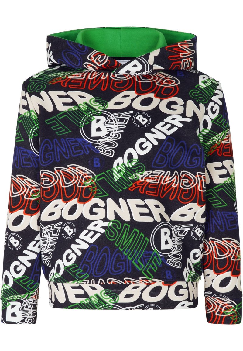 Sudadera con capucha de forro polar con un estampado multicolor que presenta la palabra "BOGNER" en blanco, rojo, verde y azul sobre un fondo oscuro.