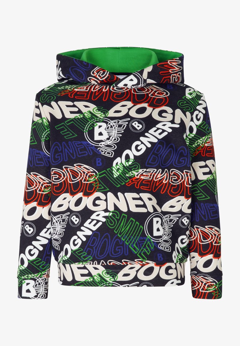 Sudadera con capucha de forro polar con un estampado multicolor que presenta la palabra "BOGNER" en blanco, rojo, verde y azul sobre un fondo oscuro.