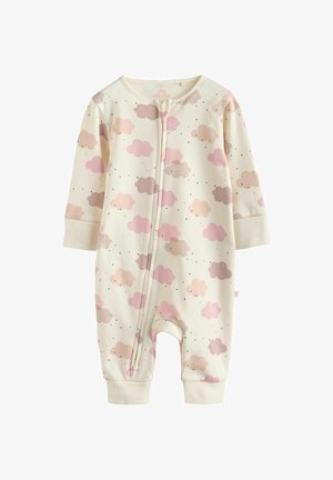 Combinaison de couleur crème en tissu doux, ornée de motifs nuage roses et de points noirs. Elle possède une fermeture éclair à l'avant et des manches longues.