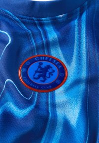 Chelsea FC:n pelissä on sininen ja turkoosi abstrakti kuvio. Seuran logo on pyöreä, jossa keskellä on leijona ja punaisia yksityiskohtia.