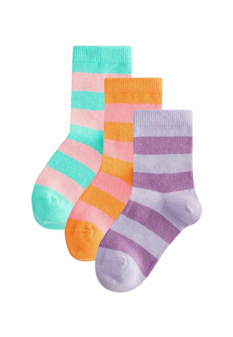 Dryžuoti kojinai teal, rožinės, oranžinės ir violetinės spalvų atspalviais. Medvilnės mišinys, iki blauzdos ilgio su banguotais kraštais ir kontrastingų spalvų kojų pirštais.