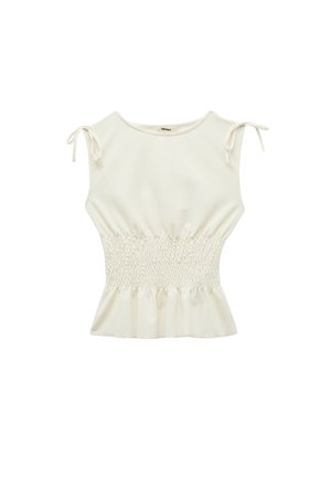 Biała, fakturowana bluzka z marszczonym talia, krótkimi rękawami i regulowanymi detalami na kokardkę. Peplum na dole dodaje kształtu i stylu.