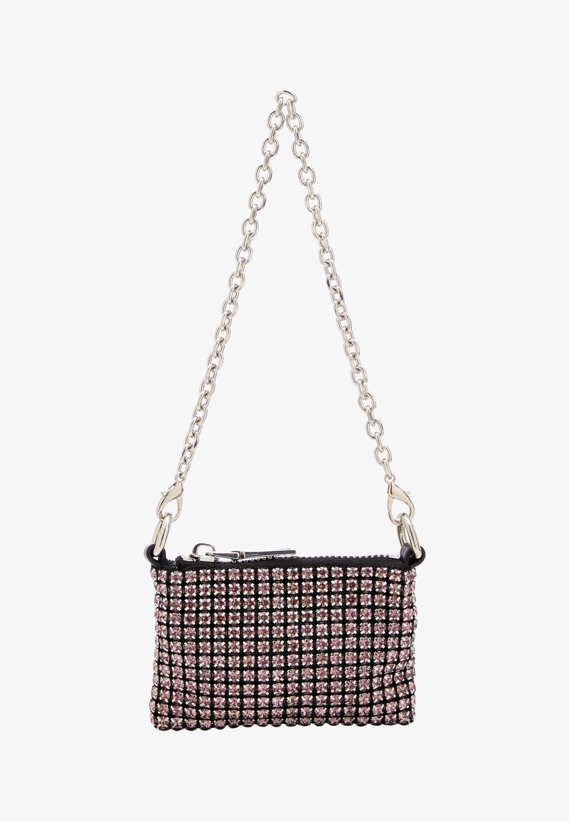 Fekete szövet kézitáska rózsaszín strassz díszítésekkel, ezüst láncos pánttal, cipzáras záródással, téglalap alakú és sima felületű.