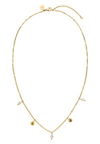 Goldene Halskette mit drei dekorativen Perlen und zwei Metallelementen, mit einer strukturierten Oberfläche und einem Verschluss.