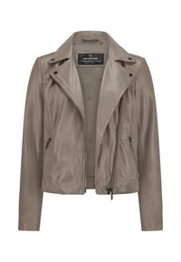 Hellgraue Lederbikerjacke mit einem asymmetrischen Reißverschluss, Druckknopfkragen und zwei Reißverschlusstaschen. Glatte Textur und figurbetonter Schnitt.